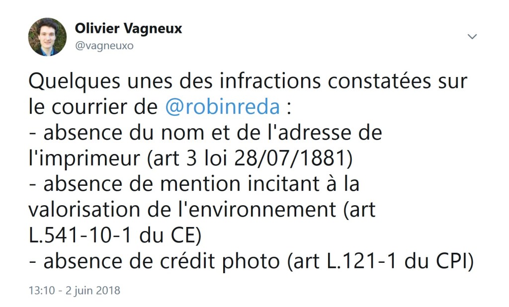 Trois infractions constatées sur la première publication du député Robin&nbsp;RÉDA