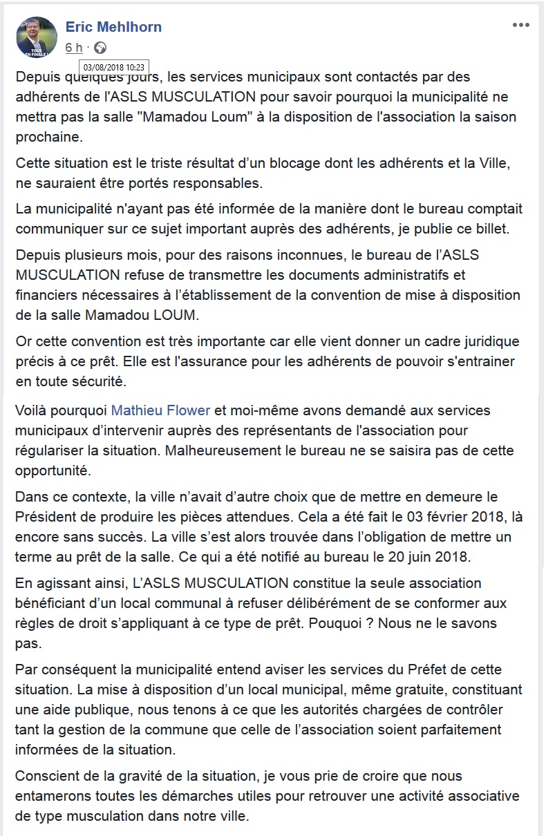 Libre réponse à Éric MEHLHORN qui confisque la salle Mamadou-Loum à l&rsquo;ASLS&nbsp;Musculation