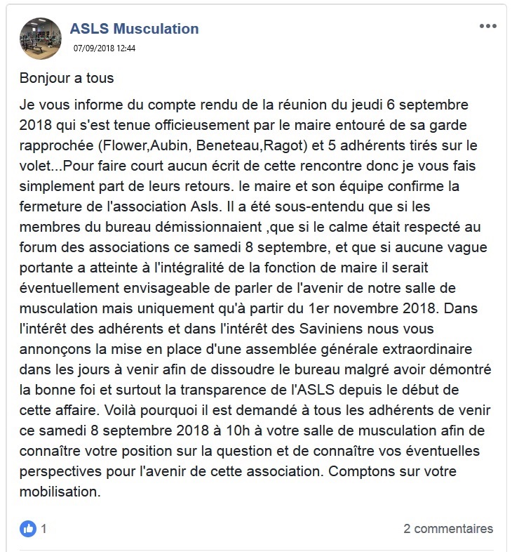 ASLS Musculation : le scandaleux chantage de la municipalité de Savigny-sur-Orge