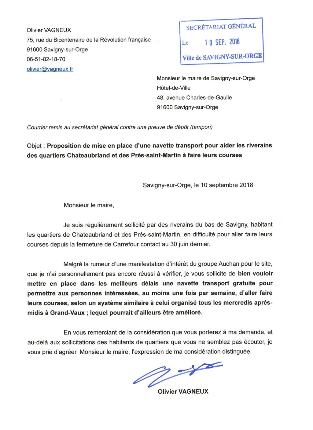 Mon courrier au maire pour demander la mise en place d&rsquo;une navette pour les courses des habitants de Chateaubriand et des Prés-saint-Martin