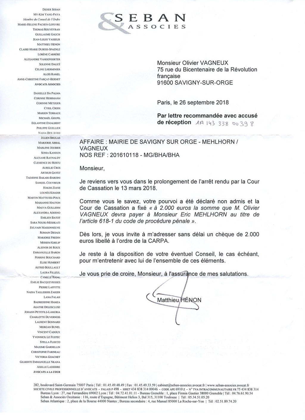 Cassation perdue : l&rsquo;avocat d&rsquo;Éric MEHLHORN me réclame 2000 euros au nom d&rsquo;un arrêt dont j&rsquo;ignore&nbsp;tout