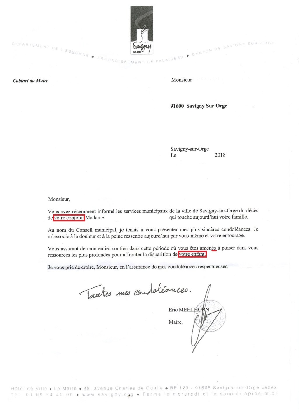 #Fallaitserelire Quand Éric MEHLHORN, maire de Savigny-sur-Orge, envoie un courrier de&nbsp;condoléances