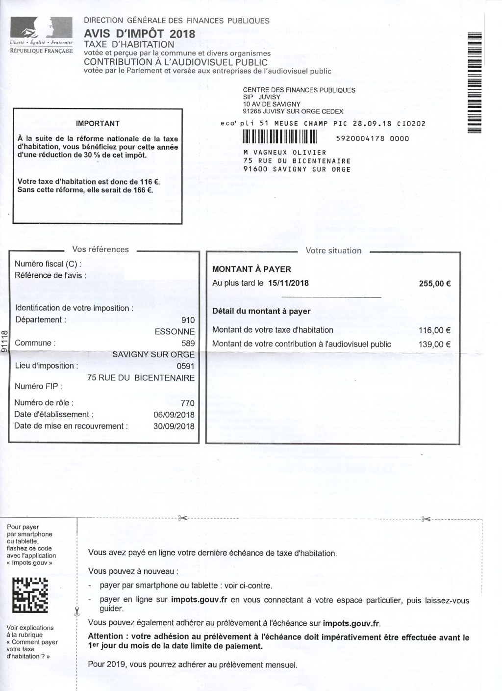 Ma taxe d&rsquo;habitation 2018 à Savigny-sur-Orge pour un pavillon de 105 m² aux Gâtines : 2236 € de cotisations&nbsp;brutes