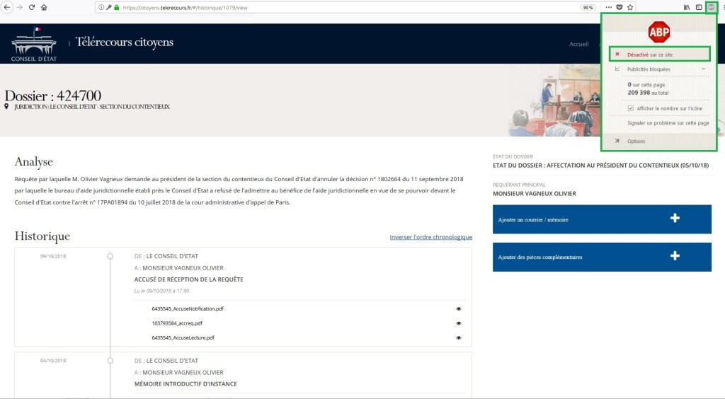 Les bloqueurs de publicité empêchent les aperçus et les ouvertures de pièces sur Télérecours&nbsp;(citoyens)
