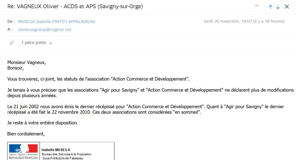 Je demande la dissolution judiciaire des associations &laquo;&nbsp;Action Commerce et développement&nbsp;&raquo; (ACDS) et &laquo;&nbsp;Agir pour Savigny&nbsp;&raquo; (APS)