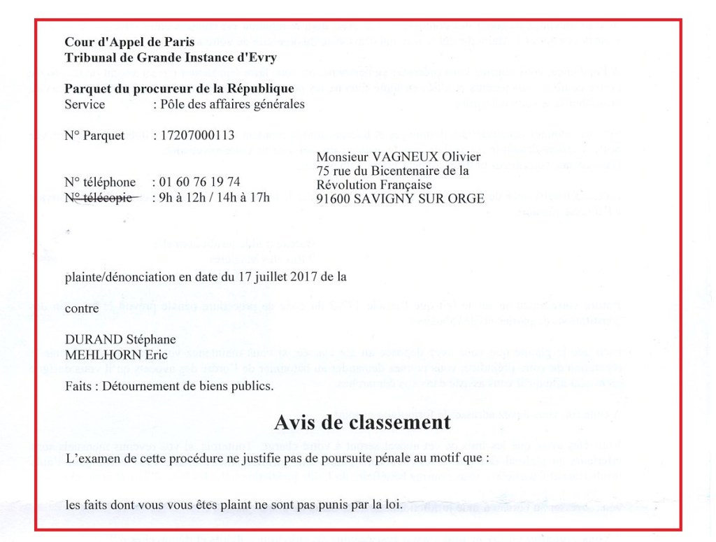 Plainte contre l&rsquo;abus des véhicules de fonction à Savigny-sur-Orge ; la procureure classe ma plainte&nbsp;!