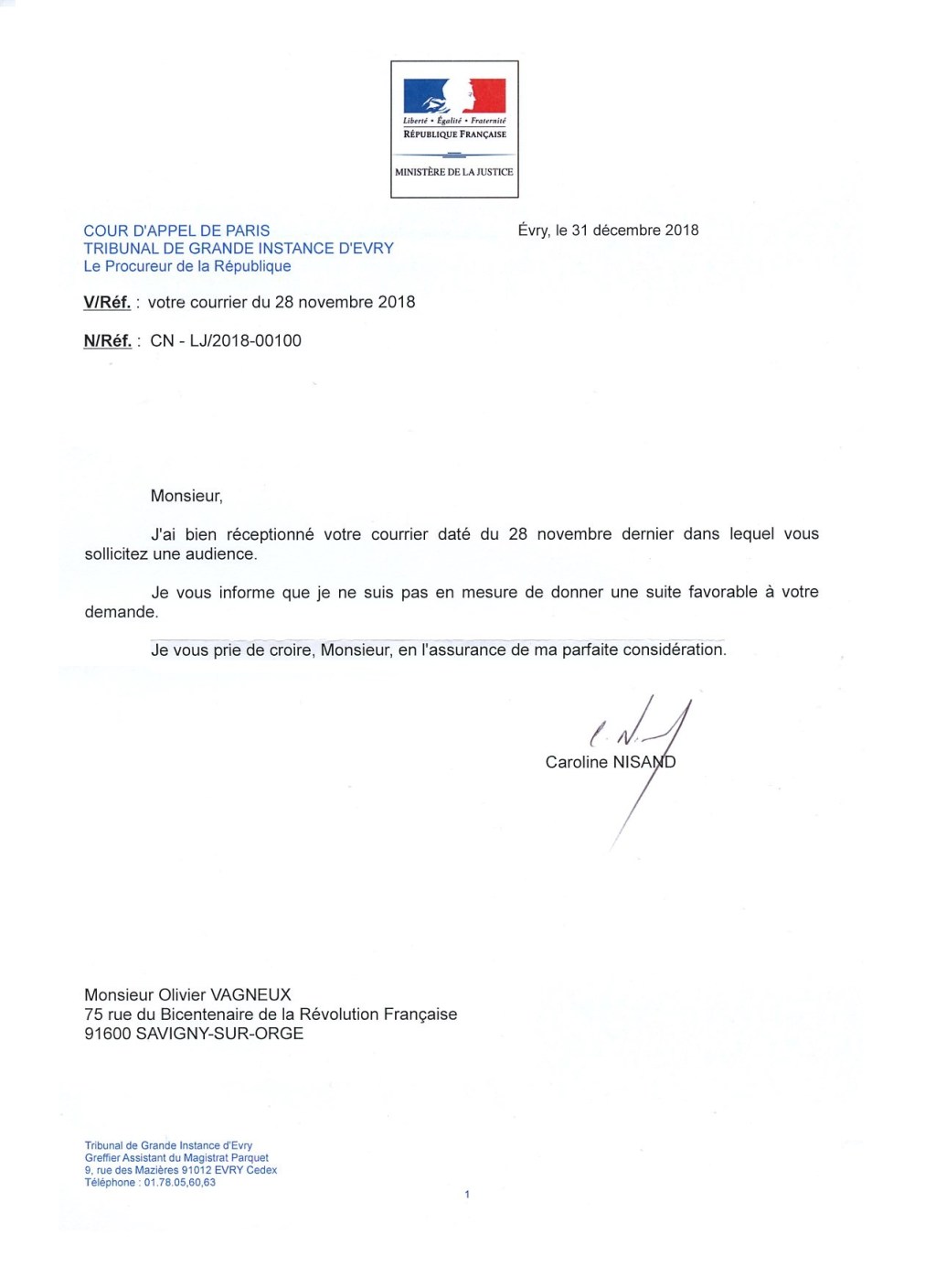 La procureure de la République à Évry refuse d’accéder à ma demande d’audience !