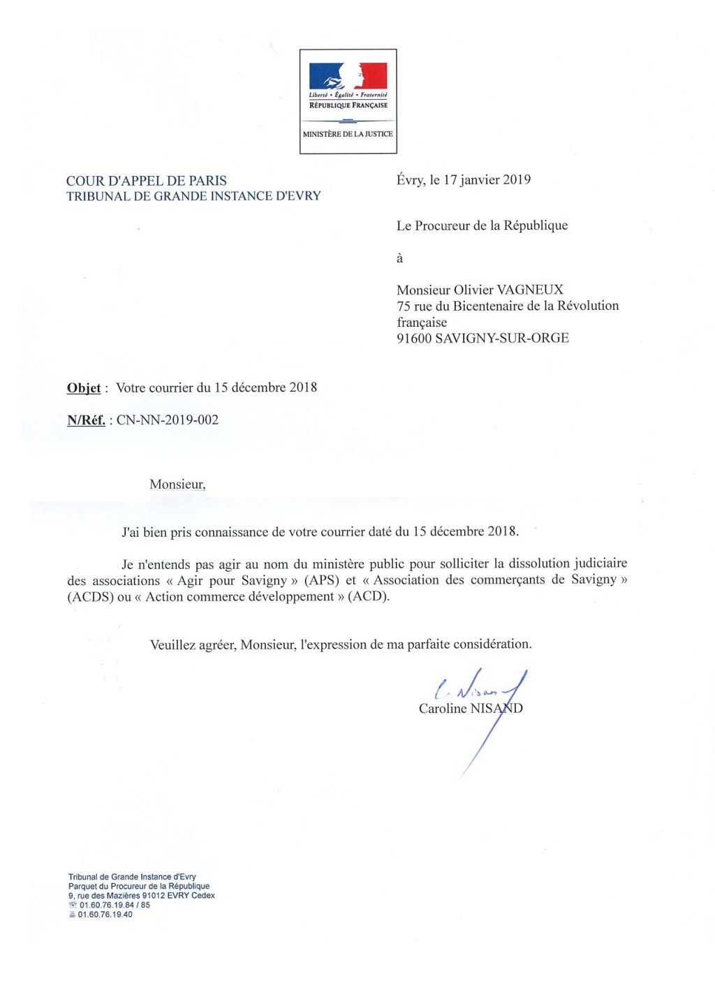 La procureure d&rsquo;Évry ne demandera pas la dissolution d&rsquo;Agir pour Savigny, ni de l&rsquo;association des commerçants de&nbsp;Savigny