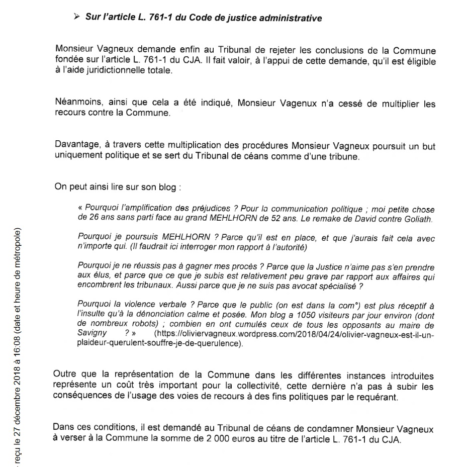 Libre réponse à Me Aloïs RAMEL, avocat de la Commune de Savigny-sur-Orge