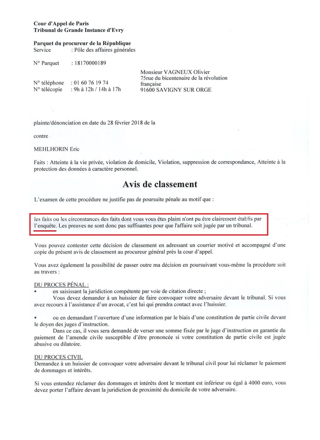 Quand la procureure d&rsquo;Évry invente une enquête fictive pour justifier du classement de ma plainte&nbsp;!