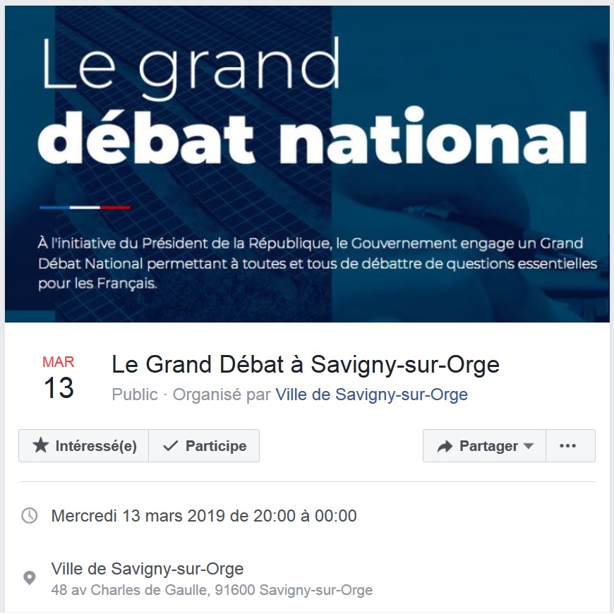 Le Grand débat national aura lieu le mercredi 13 mars 2019 à Savigny-sur-Orge (Essonne)