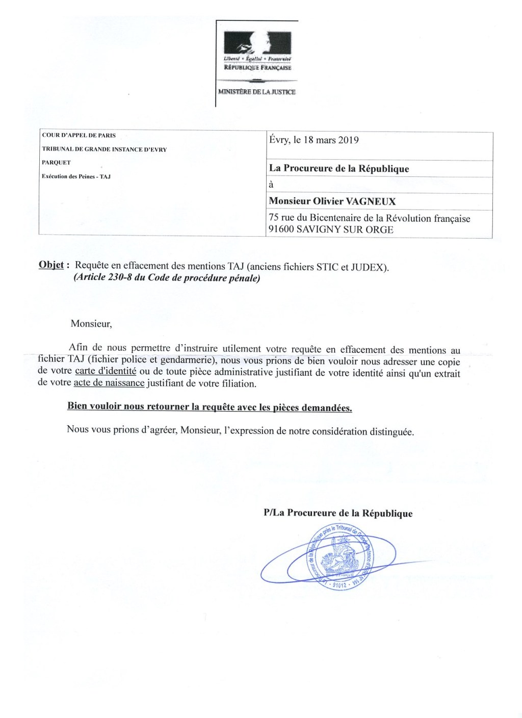 Les pièces à joindre avec une requête en effacement des mentions TAJ (relevés&nbsp;signalétiques)
