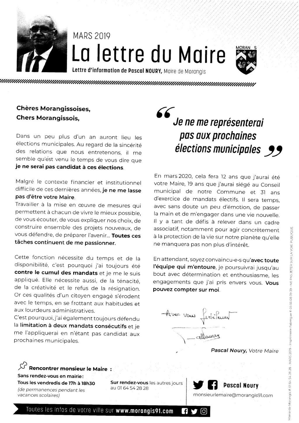 Sur la lettre de Pascal NOURY, maire de Morangis, de mars 2019, dans laquelle il annonce qu&rsquo;il ne se représentera&nbsp;pas