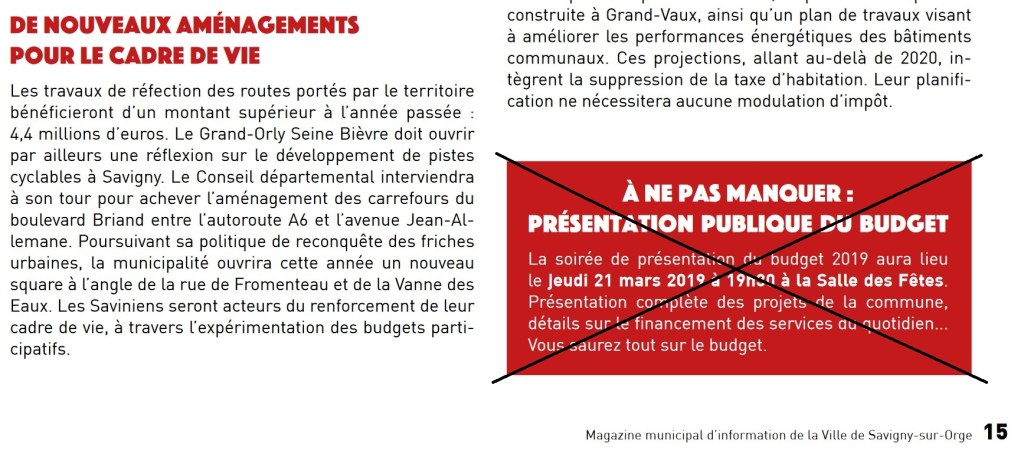 Savigny-sur-Orge : la réunion de présentation du budget communal 2019 est&nbsp;reportée