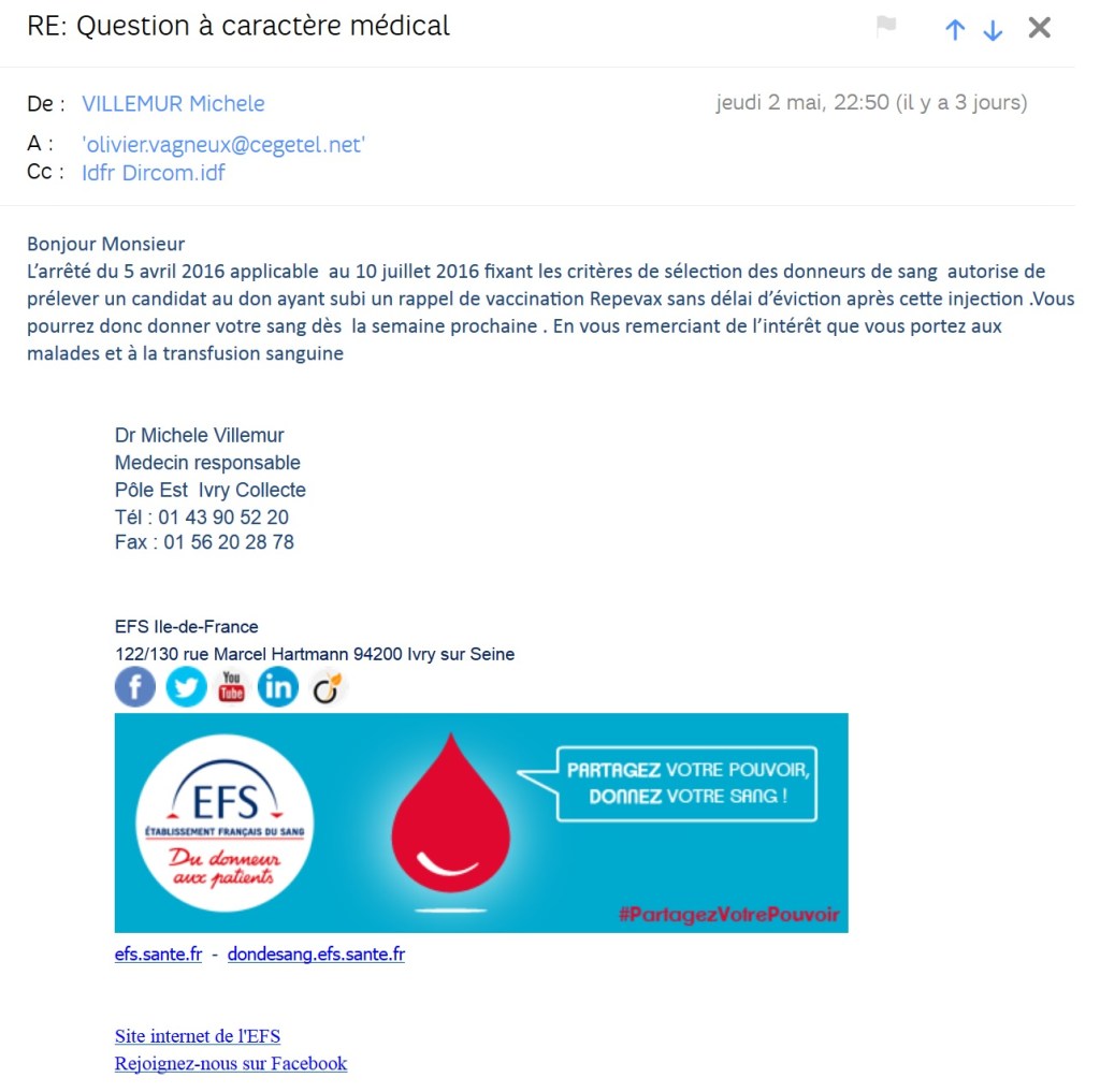 Don du sang : il est possible de donner sans délai d&rsquo;éviction après un rappel de vaccin&nbsp;Repevax