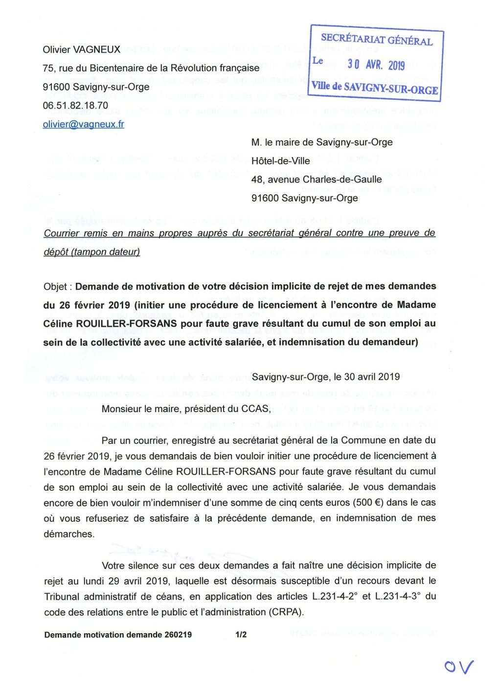 Ma demande de motivation de la décision de refus du maire de Savigny-sur-Orge de licencier Céline ROUILLER-FORSANS pour faute&nbsp;grave