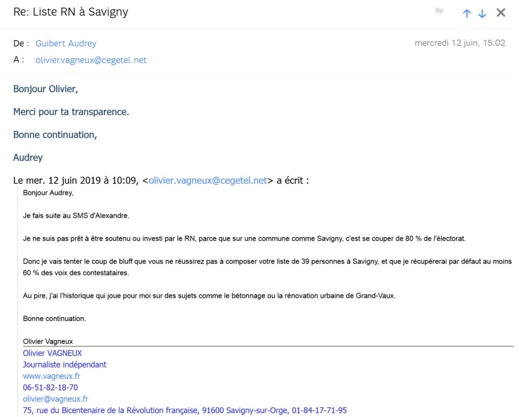 Municipales 2020 à Savigny-sur-Orge : Olivier VAGNEUX refuse l&rsquo;investiture et le soutien du Rassemblement national&nbsp;(RN)