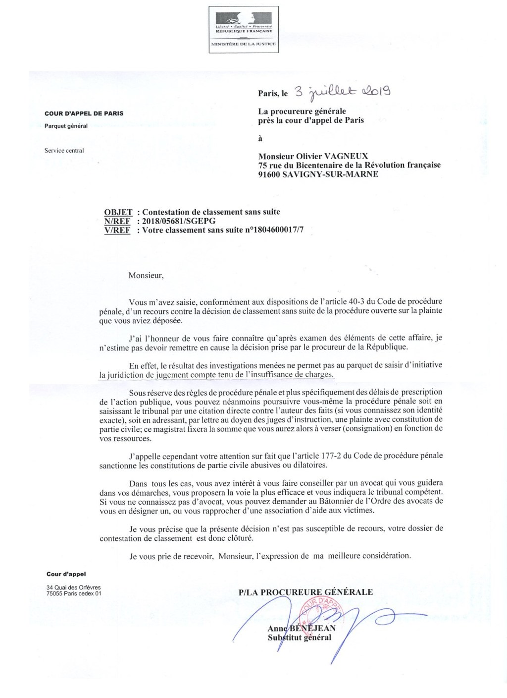 La procureure générale classe la contestation de ma plainte contre Stéphane DAVIN &laquo;&nbsp;compte tenu de l&rsquo;insuffisance de charges&nbsp;&raquo;