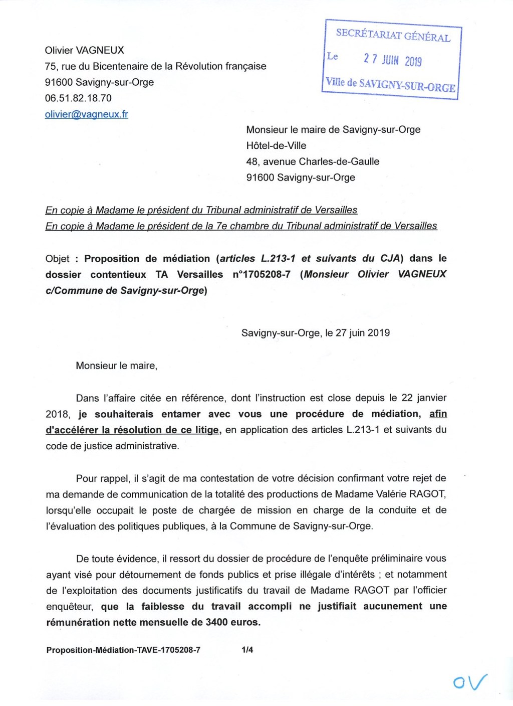 Affaire Valérie RAGOT : le magistrat rapporteur émet un avis favorable à ma demande de médiation avec la Commune de Savigny-sur-Orge