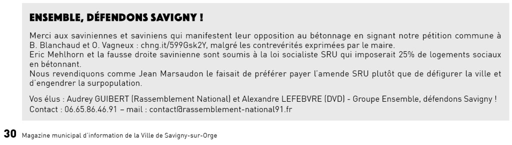 Olivier VAGNEUX cité dans le bulletin municipal de Savigny-sur-Orge