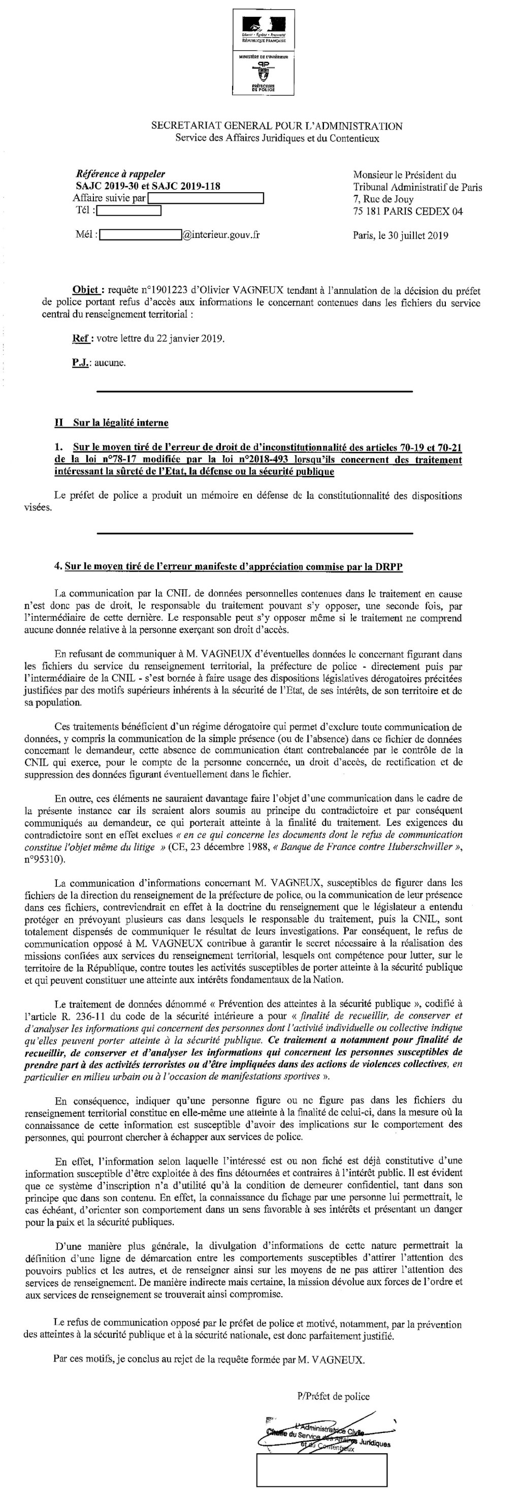 Au tour de la préfecture de police de m&rsquo;indiquer qu&rsquo;ils ont le droit de me refuser d&rsquo;accéder à ma fiche au Renseignement&nbsp;!