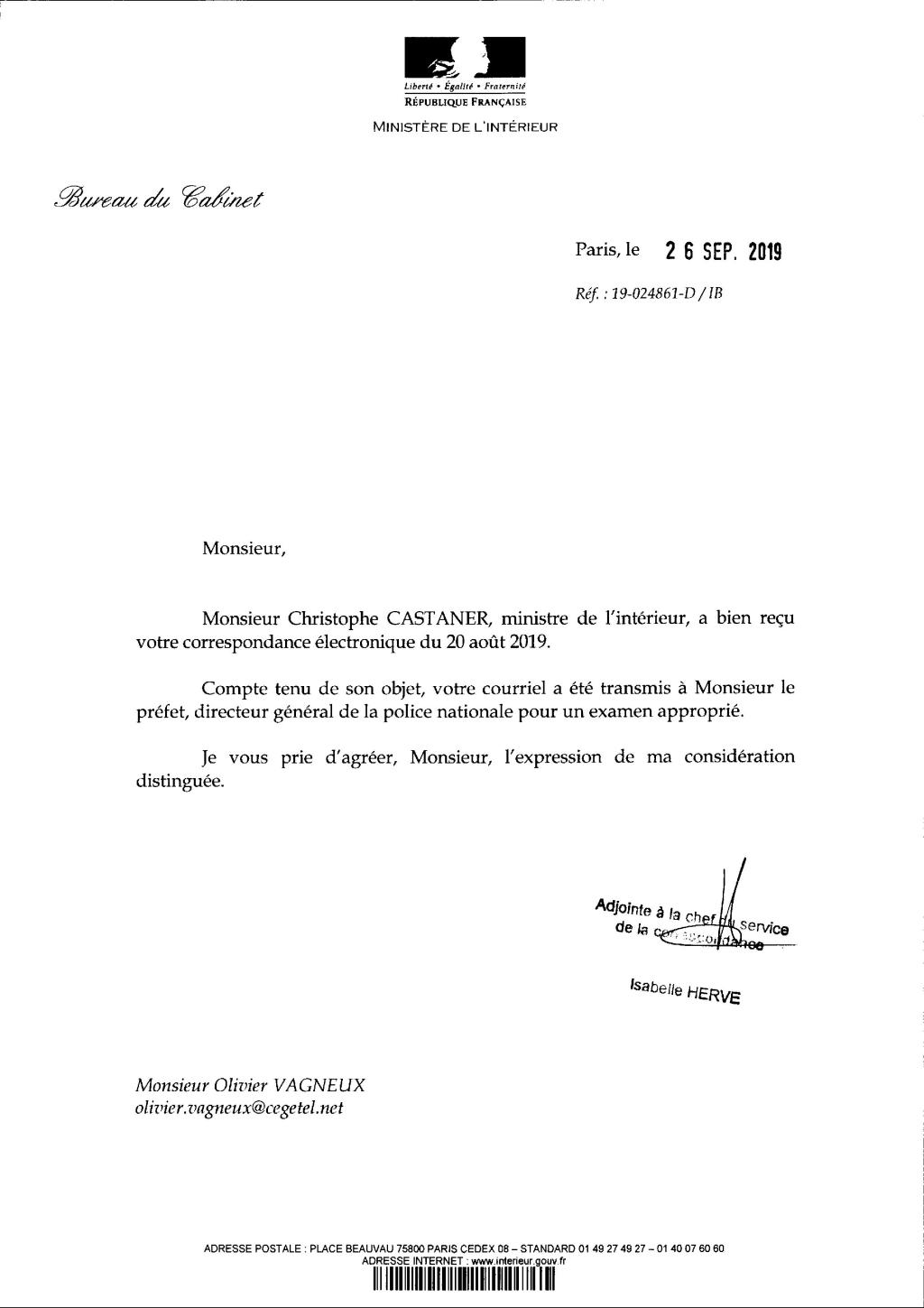 Christophe CASTANER accuse réception de mon courrier d&rsquo;inquiétudes relativement à la réforme des commissariats en&nbsp;Essonne