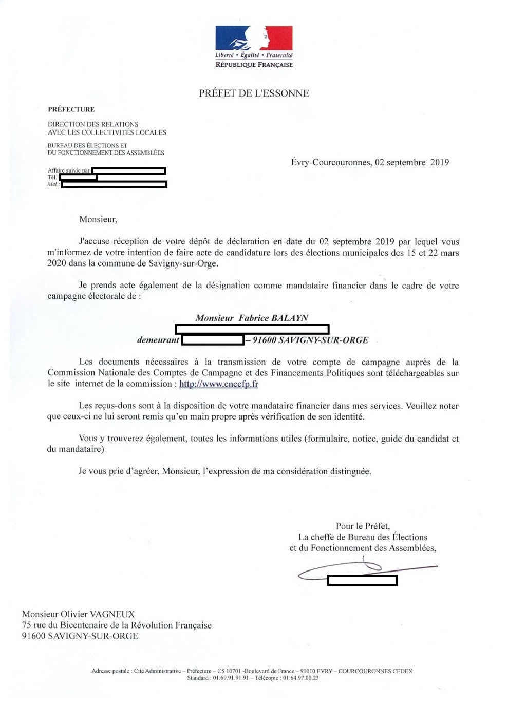 Municipales 2020 à Savigny-sur-Orge : Olivier VAGNEUX a déclaré son mandataire&nbsp;financier