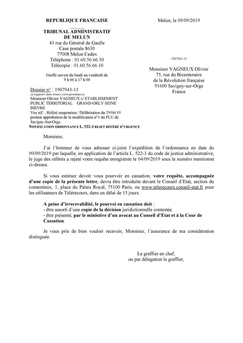 Savigny-sur-Orge : le Tribunal administratif rejette mon référé contre la modification n°1 du&nbsp;PLU
