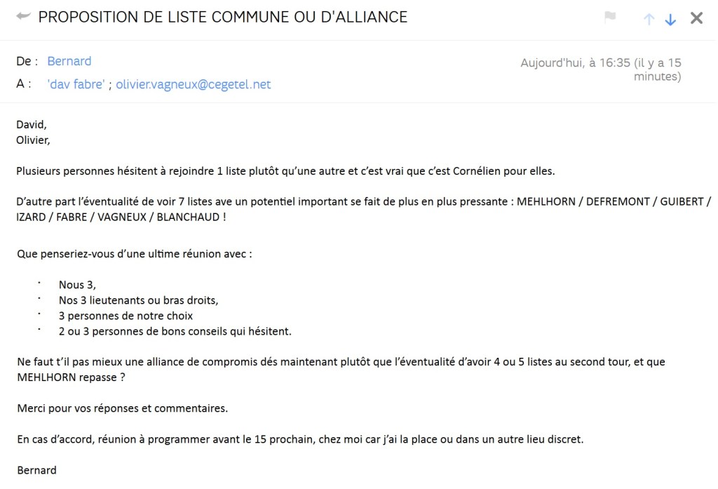 Olivier VAGNEUX refuse la nouvelle proposition de liste commune de Bernard&nbsp;BLANCHAUD