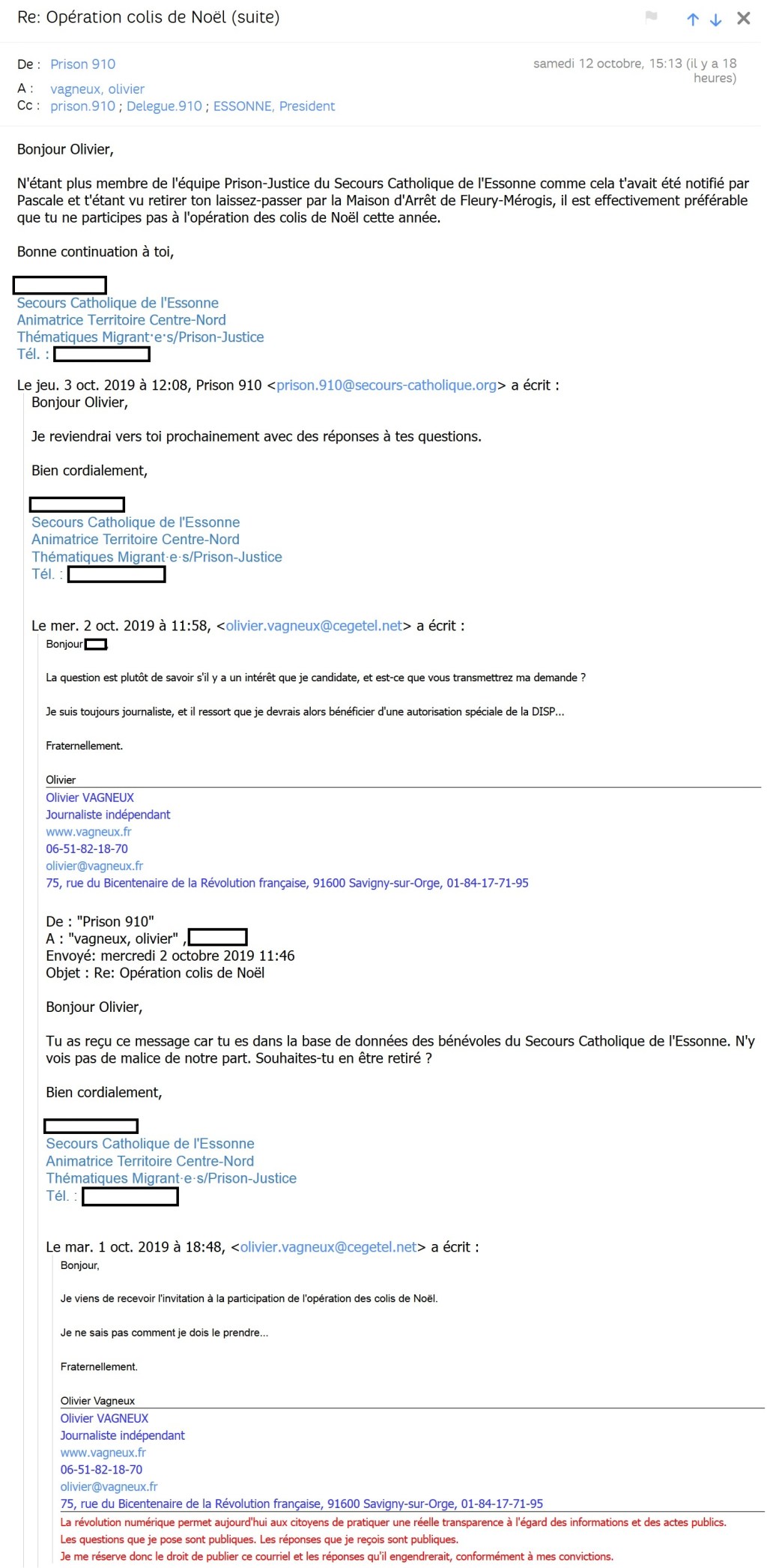 Opération colis de Noël à Fleury-Mérogis : merci au Secours catholique de l&rsquo;Essonne de bien fraternellement enfoncer le couteau dans ma plaie&nbsp;!