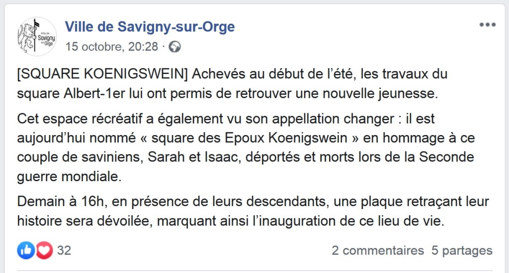 Inauguration du square des époux KŒNIGSWEIN à Savigny-sur-Orge : une unique information vingt heures avant et exclusivement sur&nbsp;Facebook