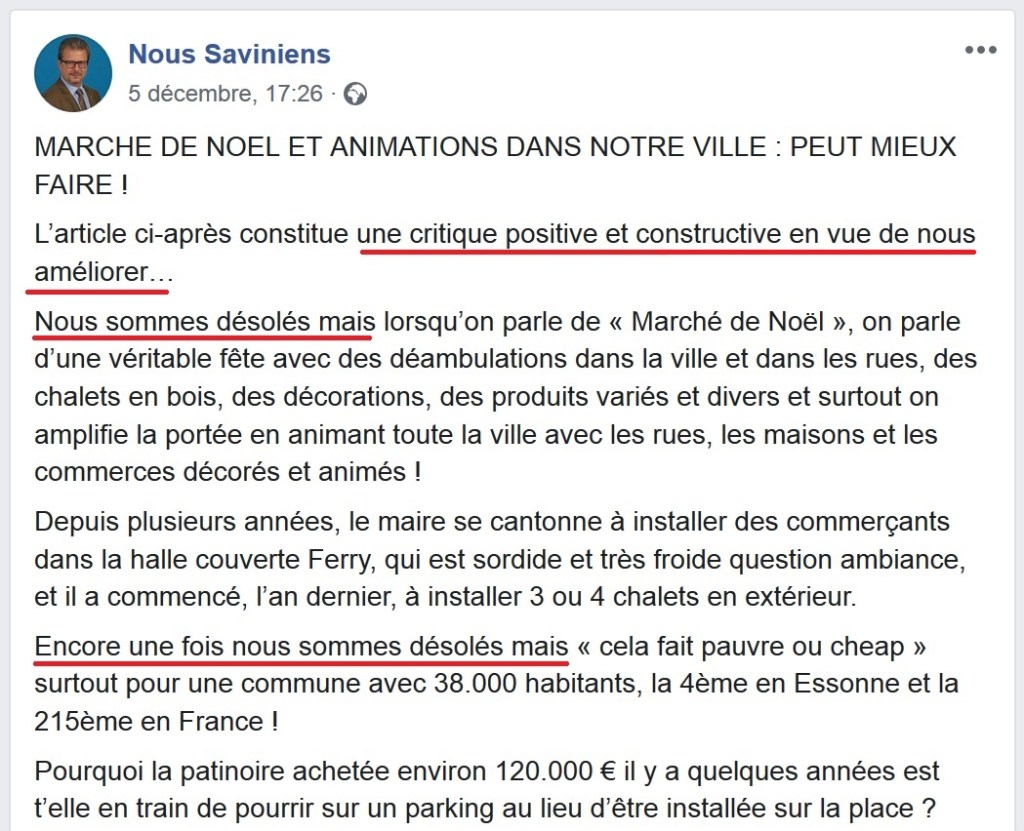 Une critique négative et destructive du marché de Noël 2019 à Savigny-sur-Orge