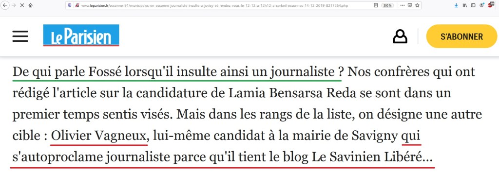 À l&rsquo;attention de la rédaction du Parisien Essonne : non, Olivier VAGNEUX ne s&rsquo;autoproclame pas journaliste…