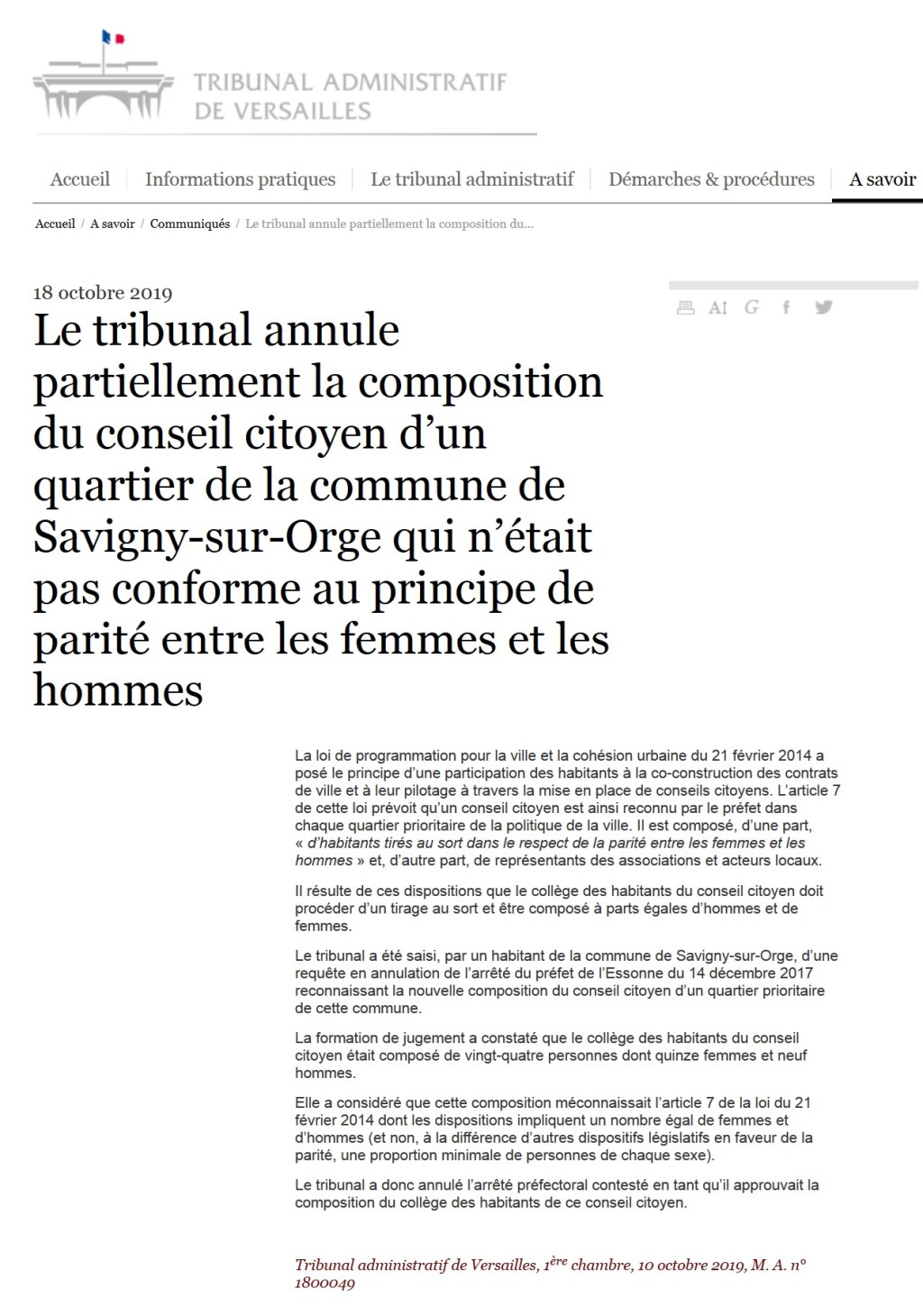 Une victoire d&rsquo;Olivier VAGNEUX à l&rsquo;honneur d&rsquo;un communiqué du Tribunal administratif de Versailles&nbsp;!