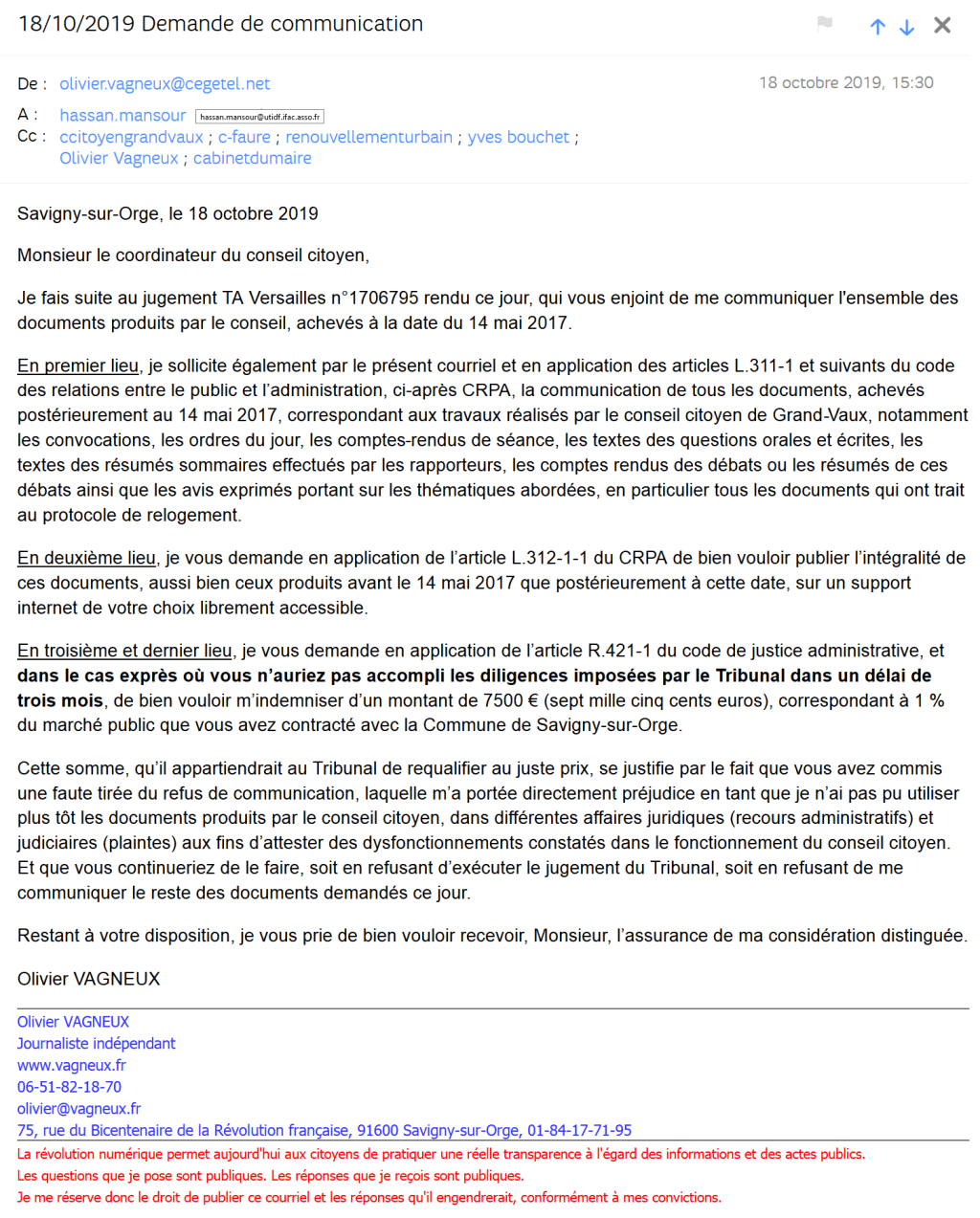 Refus de communication des productions du conseil citoyen de Grand-Vaux depuis mai 2017 ; je saisis de nouveau la CADA&nbsp;!