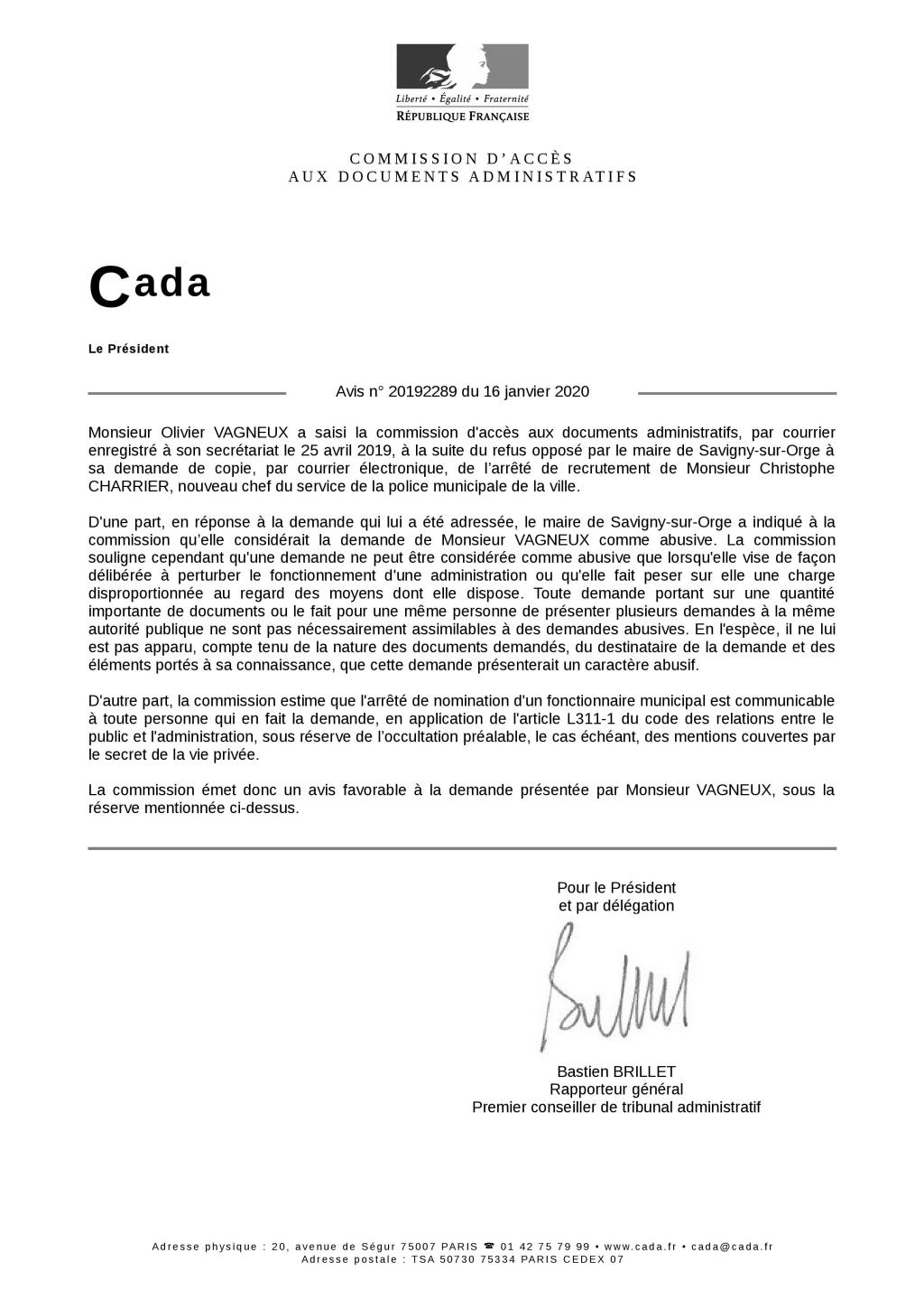 La Commission d&rsquo;accès aux documents administratifs indique la communicabilité de l&rsquo;arrêté de recrutement de Christophe&nbsp;CHARRIER