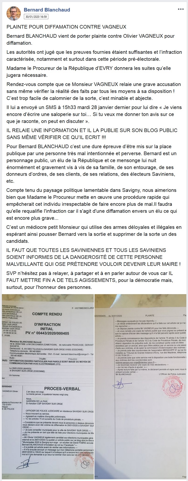 Droit de suite : les plaintes de Bernard BLANCHAUD contre Olivier VAGNEUX pour diffamation et harcèlement ont manifestement été classées sans suite&nbsp;!