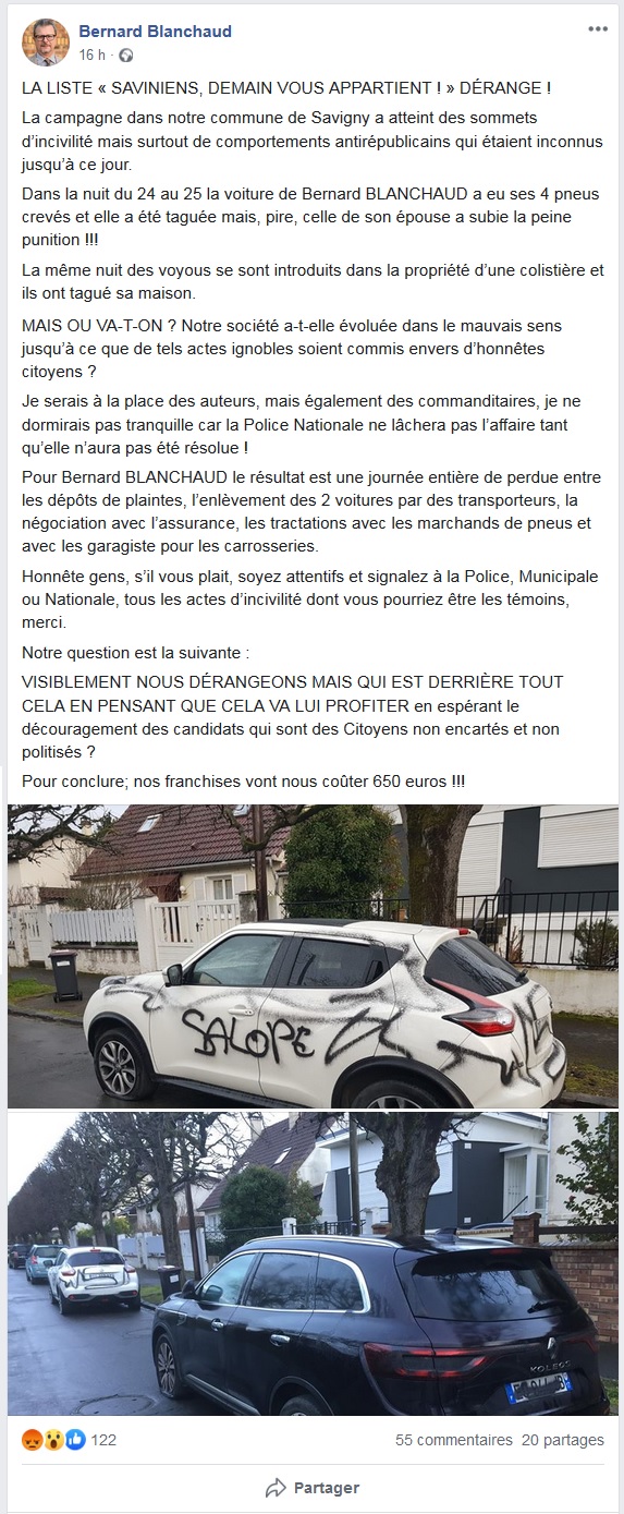 Municipales 2020 à Savigny-sur-Orge : les voitures de Bernard BLANCHAUD et de sa femme ont été&nbsp;dégradées