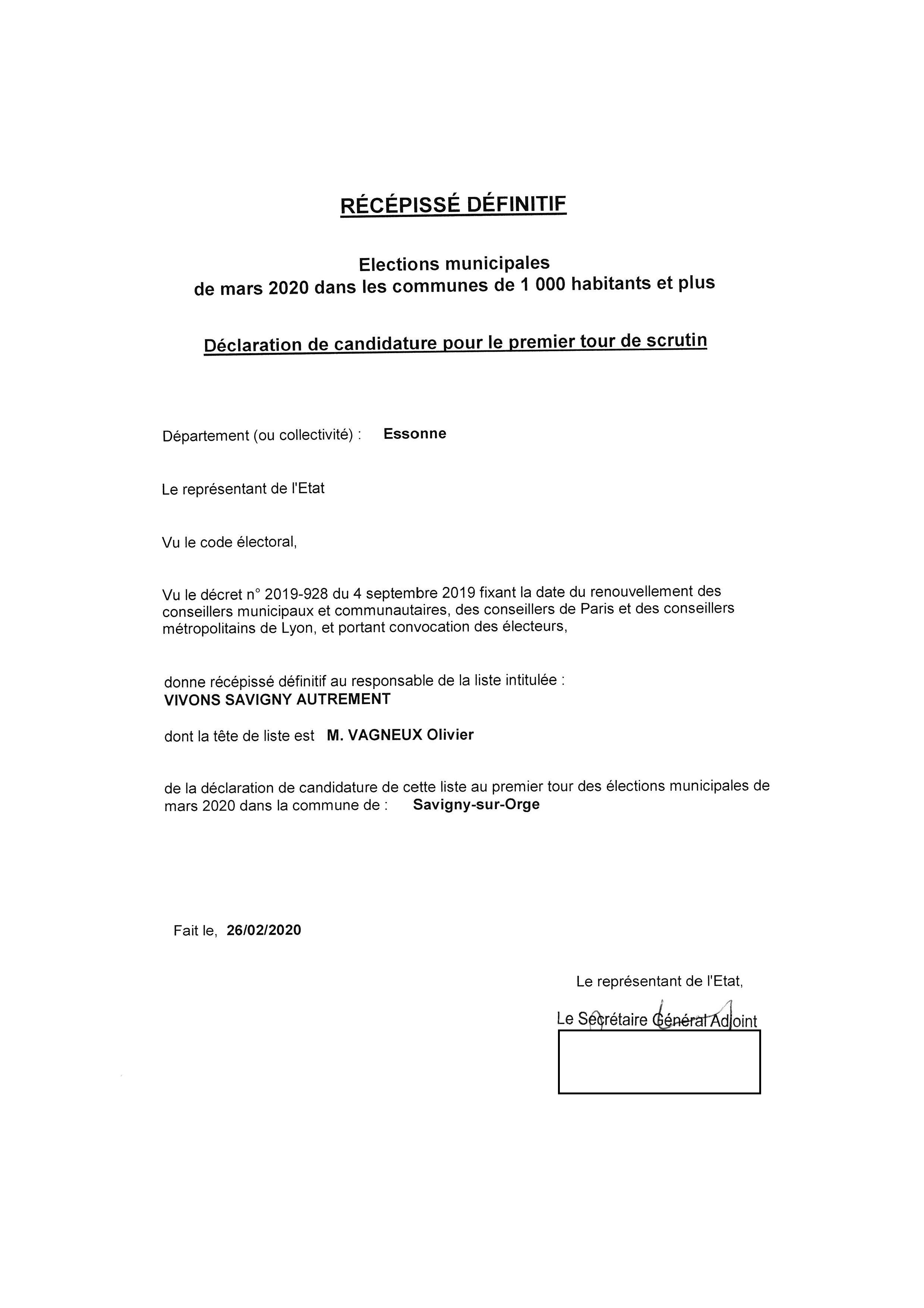 Récépissé définitif : la liste Vivons Savigny Autrement est officiellement déposée et candidate&nbsp;!