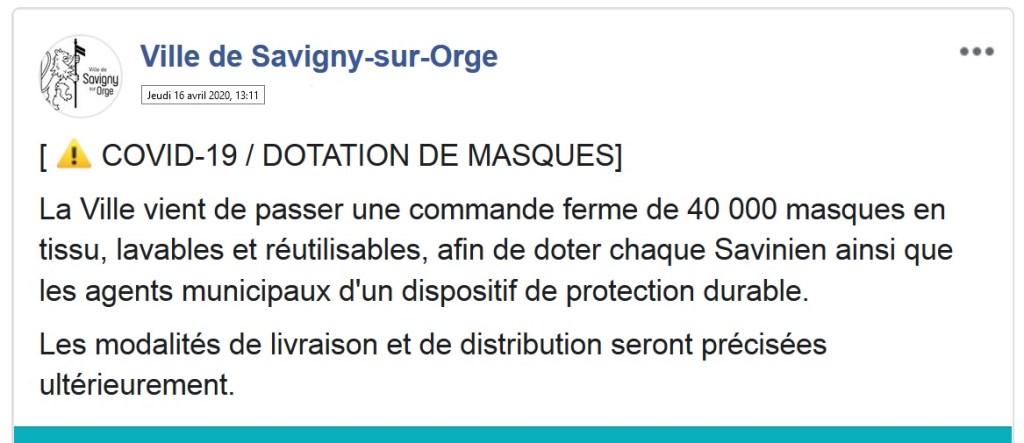 Covid-19 : la Commune de Savigny-sur-Orge acquiert 40 000 masques réutilisables pour la&nbsp;population