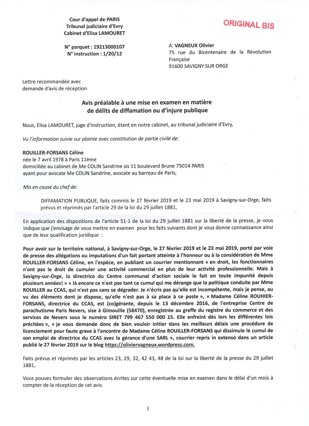 SCOOP : Olivier VAGNEUX va être mis en examen dans l&rsquo;affaire ROUILLER-FORSANS