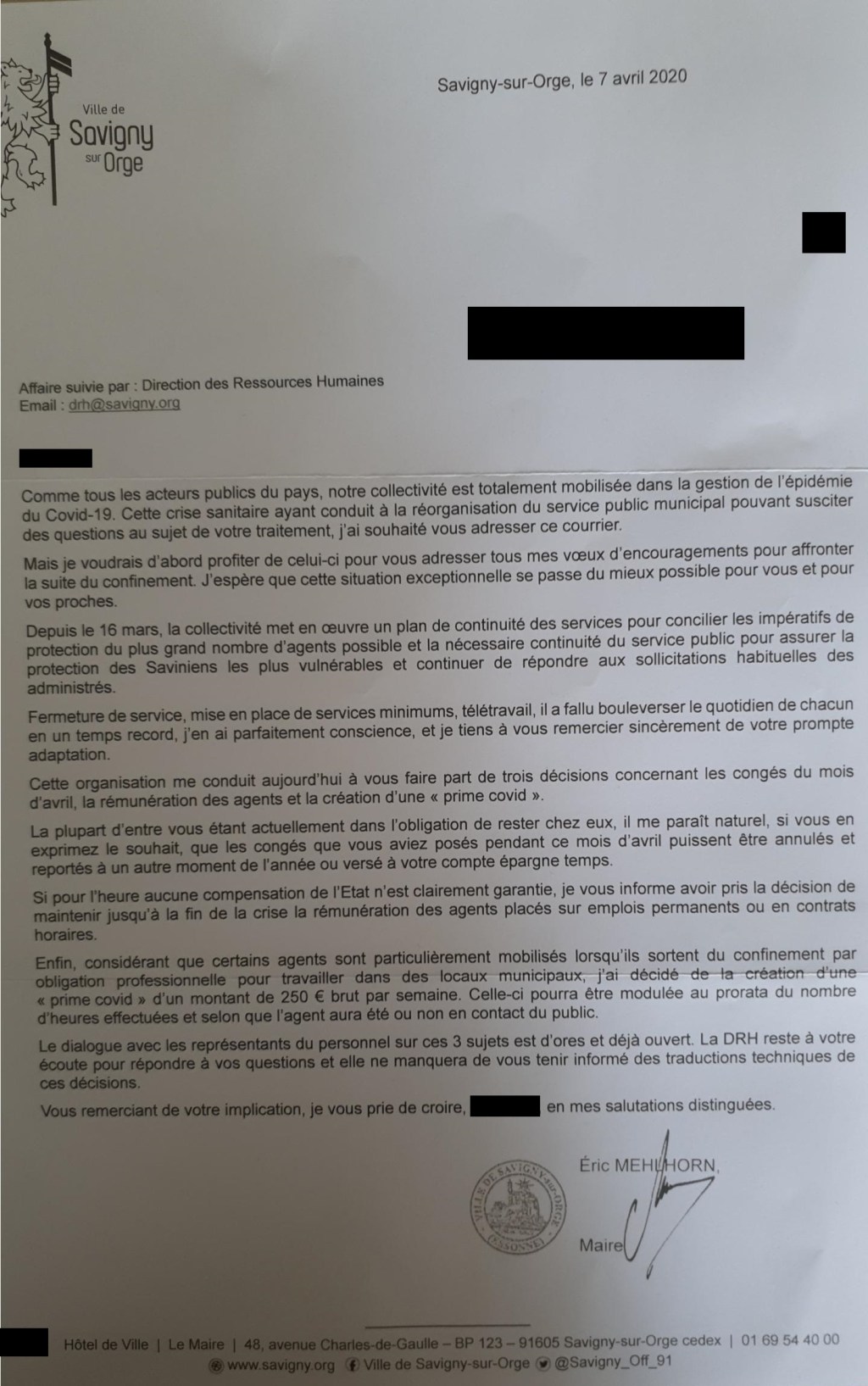 Savigny-sur-Orge : sur les conditions d&rsquo;obtention de la prime Covid-19 pour les agents&nbsp;municipaux