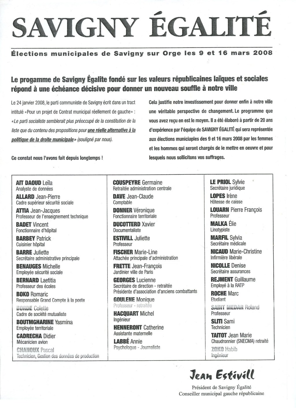 Archives : la liste Savigny-Égalité de Jean ESTIVILL en 2008 (Municipales, Savigny-sur-Orge)