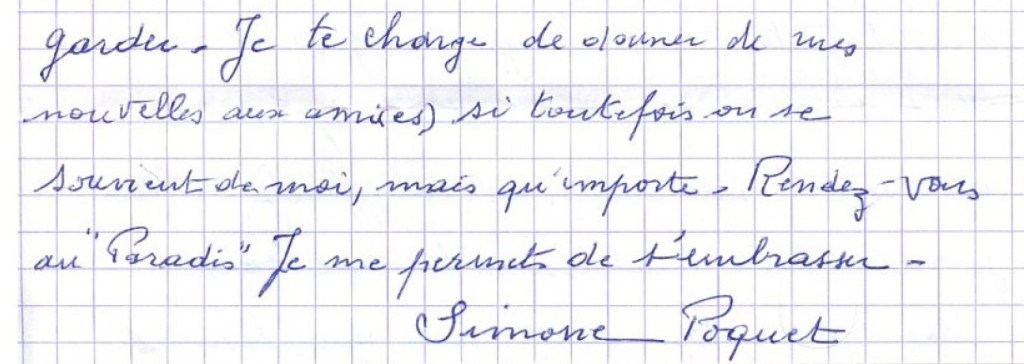 Adieu Simone POQUET. Rendez-vous au &laquo;&nbsp;Paradis&nbsp;&raquo;