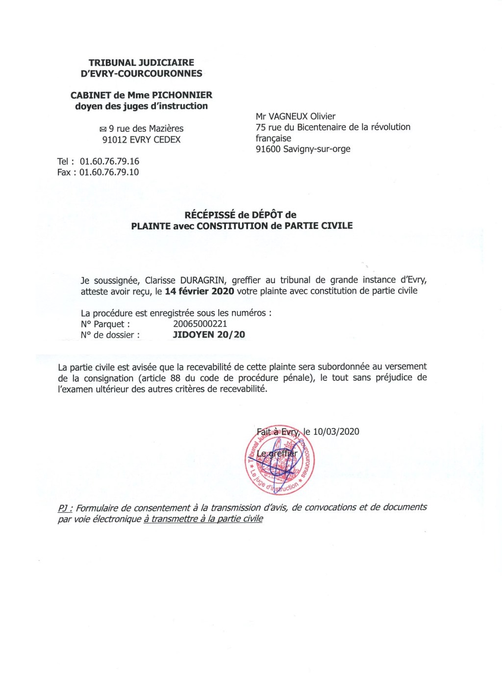 Municipales 2020 à Savigny-sur-Orge : la Justice accuse réception de ma plainte avec constitution de partie civile contre le&nbsp;corbeau