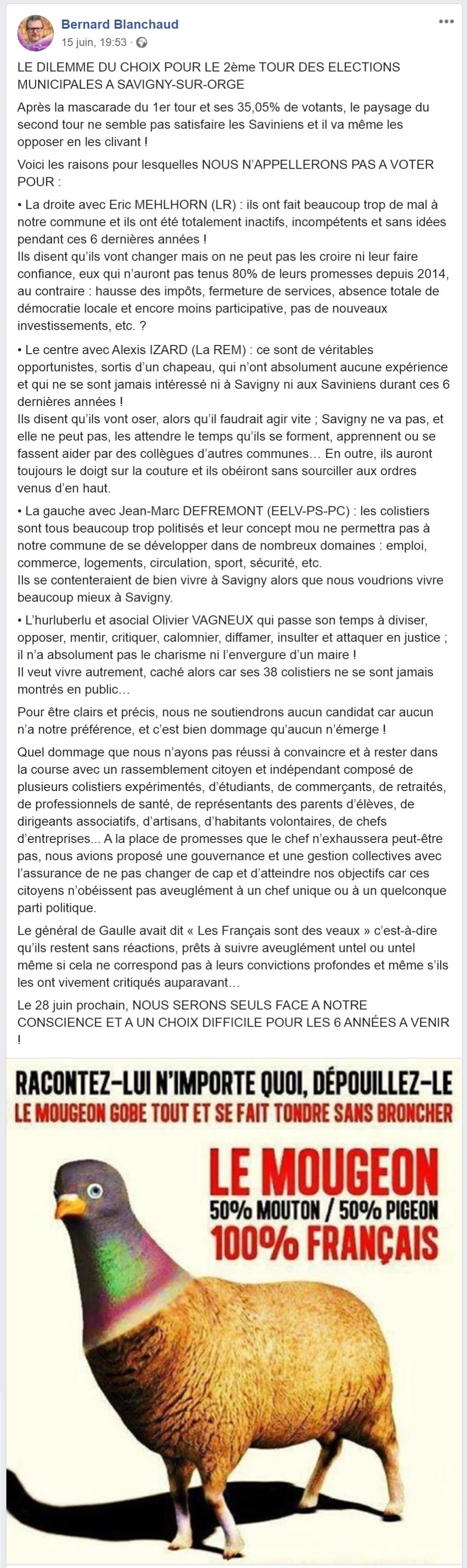 Municipales 2020 à Savigny-sur-Orge : à son tour, Bernard BLANCHAUD appelle à ne voter pour&nbsp;personne