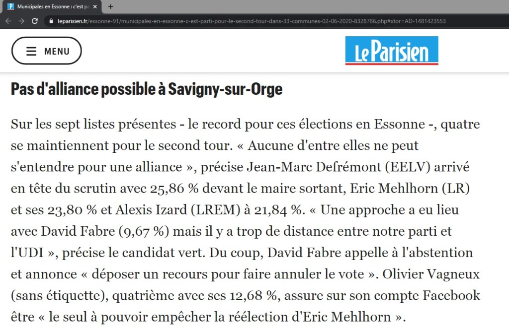 Municipales 2020 à Savigny-sur-Orge : c&rsquo;est Jean-Marc DEFRÉMONT qui a essayé de s&rsquo;allier avec David FABRE&nbsp;!!!