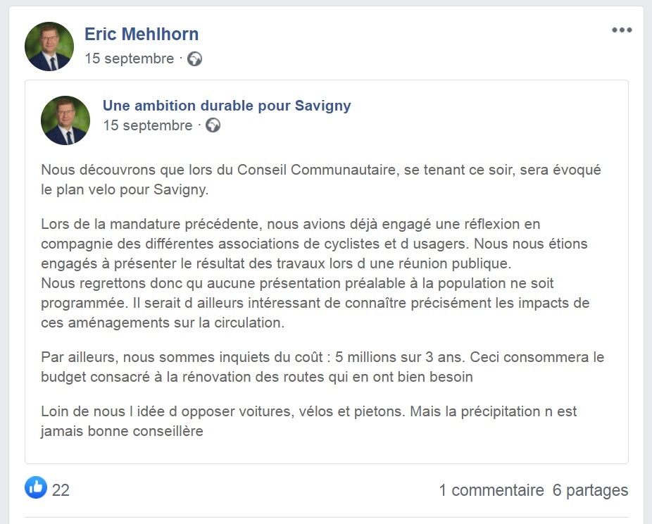 Plan vélo à Savigny-sur-Orge : Dieu se rit d&rsquo;Éric MEHLHORN qui déplore les effets des causes qu&rsquo;il chérissait lorsqu&rsquo;il était&nbsp;maire