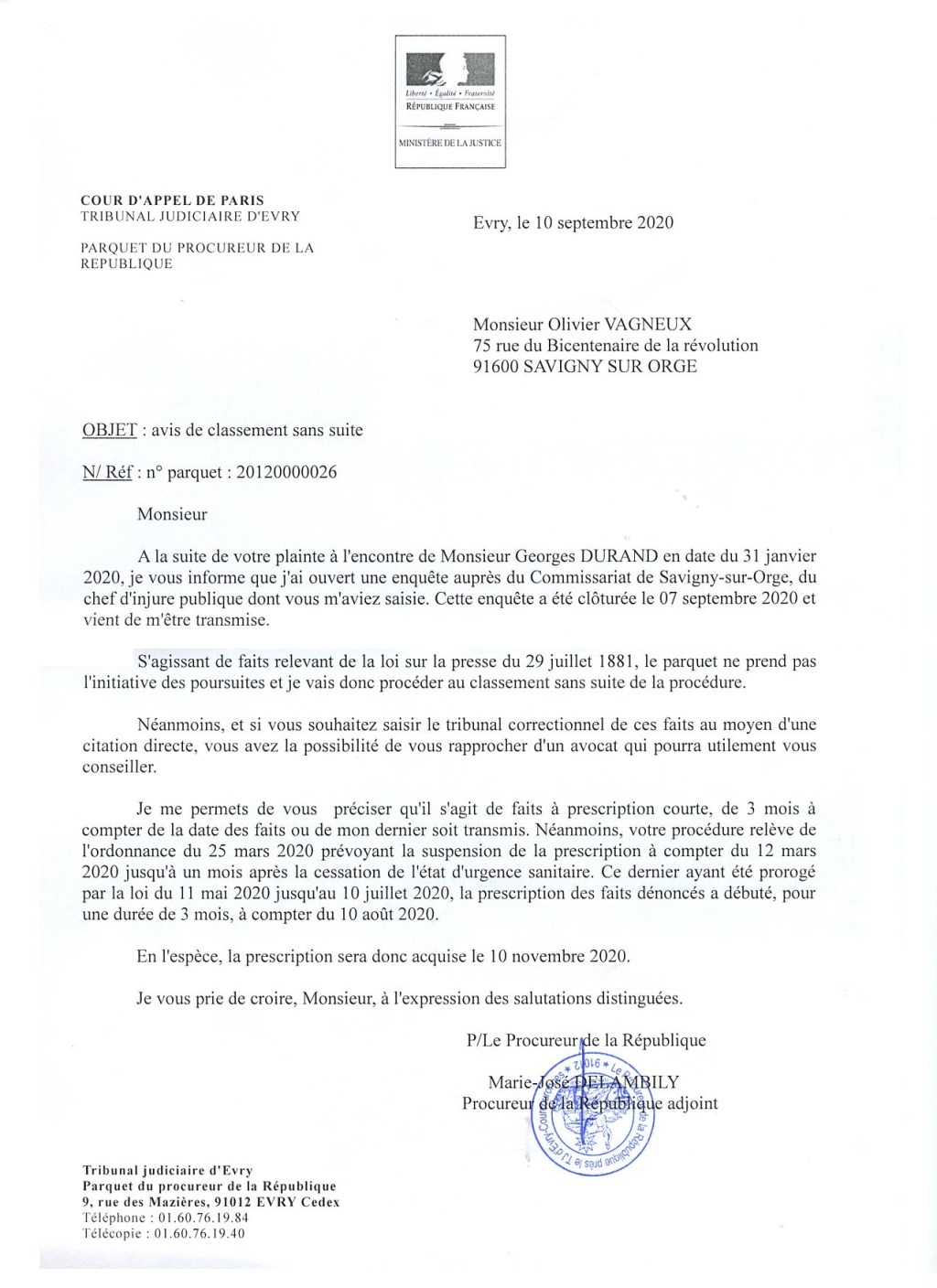 Avertissement à l&rsquo;attention de Georges DURAND, colistier d&rsquo;Éric MEHLHORN à Savigny-sur-Orge