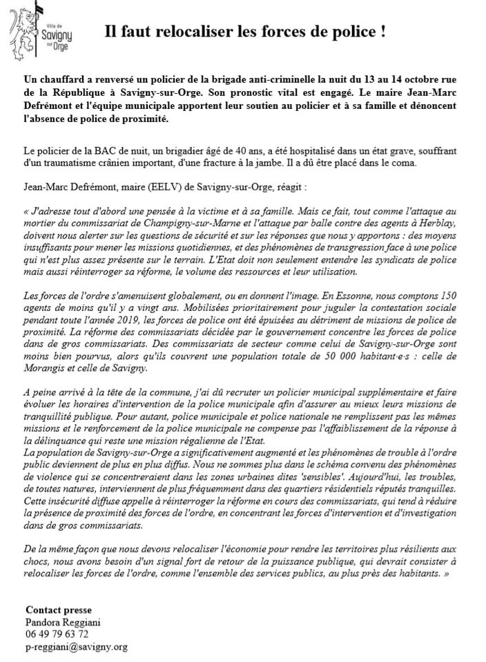 Entre malhonnêteté intellectuelle et indécente récupération : l&rsquo;odieux communiqué de presse de Jean-Marc DEFRÉMONT sur le policier renversé à Savigny-sur-Orge